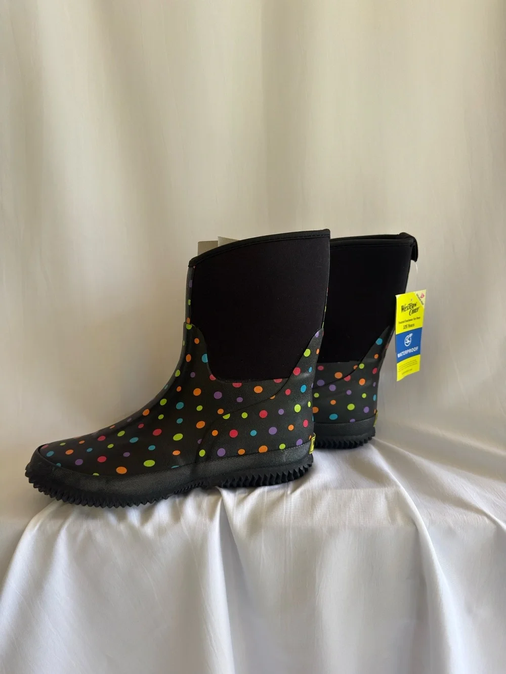 Western Chief Neoprene Waterproof Rain Boots in Black with Polka Dots W8